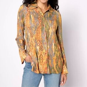 Attitudes by Renee Printed Button Front Long Sleeve Godet Shirt, Size 1X
